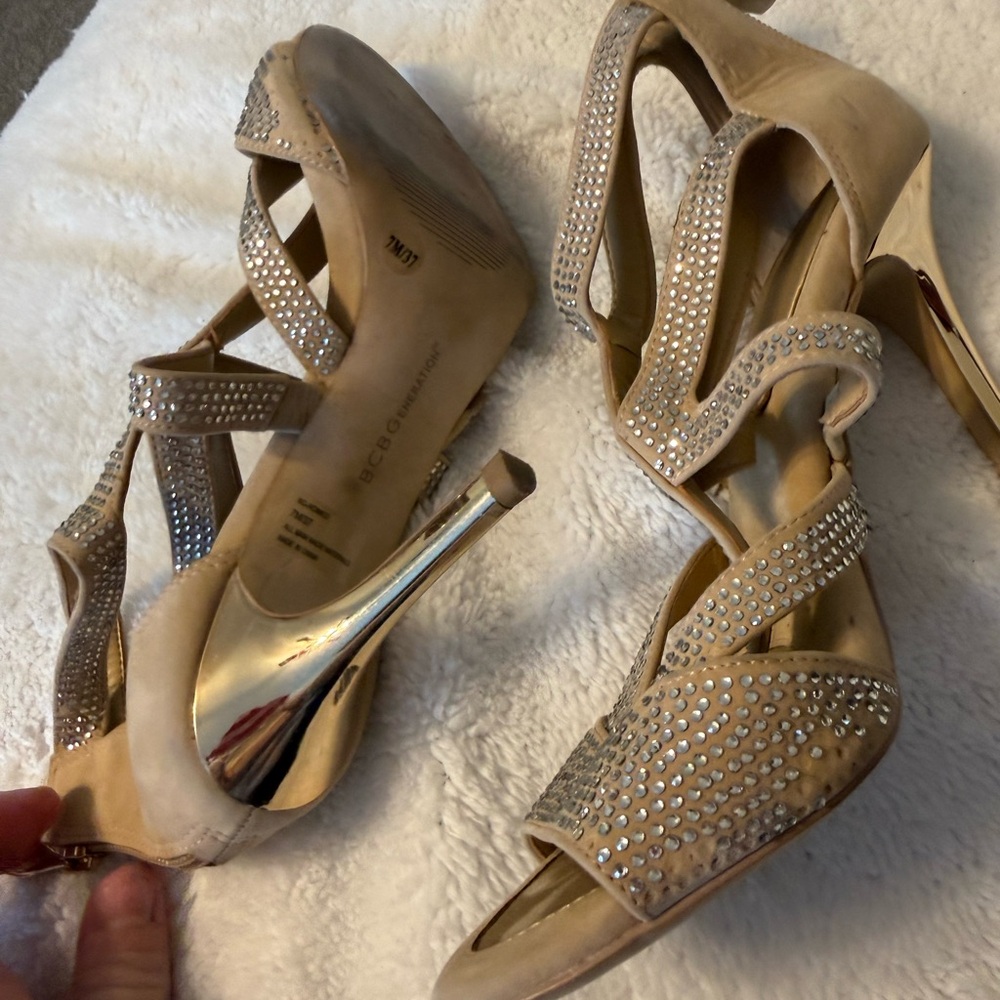 BCBGeneration Tan Strappy Heels with Rhinestones - Picture 4 of 5